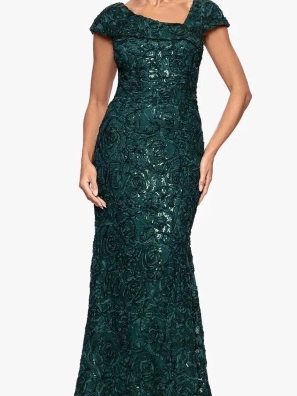 Xscape Hunter Green Asymmetric Neck Soutache Sequin Lace Dress